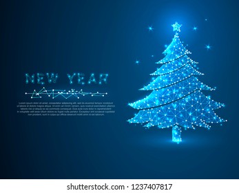 New year tree made from lines, triangles, point connecting network on blue background. Holiday wireframe concept. Low-poly Vector polygonal illustration