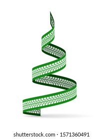 
New Year Tree Made Of Tire Tracks Twisted In A Spiral Shape.  Vector 3d Illustration On A White Background.