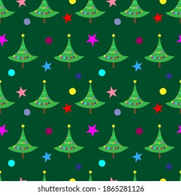 New Year tree with multicolored stars and balls on a green background. Seamless fabric. Merry Christmas. Vector illustration.