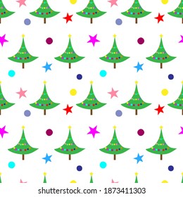 New Year tree with multicolored stars and balls on a white background.