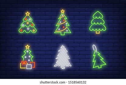 New Year tree neon sign set. Decoration, fir tree, tag, silhouette, gifts. Vector illustration in neon style, bright banner for topics like Xmas, Christmas, decoration