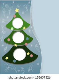 .New year tree on a blue background with toys, star, balloons a