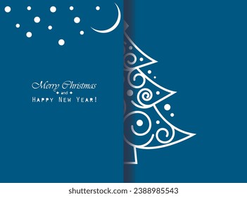 New Year tree on the blue. Festive decoration for your design. Greeting or invitation card. New Year  and Christmas theme.