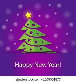 new year tree on purple background with snow postcard