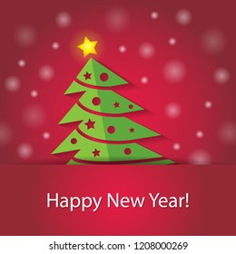 new year tree on red background with snow postcard