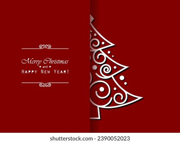 New Year tree on the red. Festive decoration for your design. Greeting or invitation card. New Year  and Christmas theme.