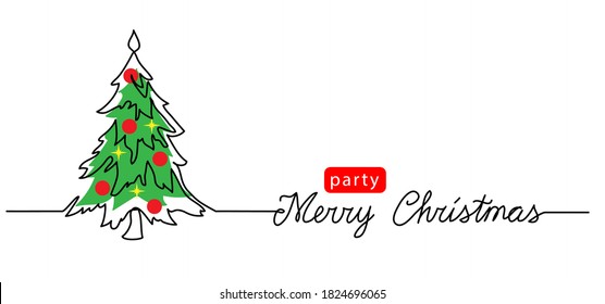 New year tree one continuous line drawing with lettering Merry Christmas. Minimalist tree web banner, background, poster with party announcement.