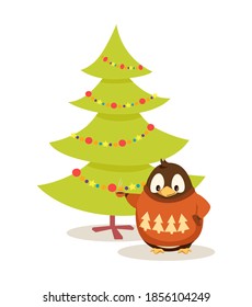 New Year tree and penguin in sweater with hot coffee cup. Christmas character drinking tea near spruce. Vector cartoon character celebrate Xmas eve