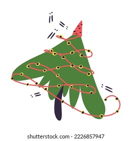 New Year tree postcard design concept. Carrots with an electric garland decorate a lush Christmas tree. Traces of hare paws around the Christmas tree.Cheerful Christmas tree in cartoon style