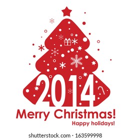 New Year tree red on the white. Vector illustration for your design.