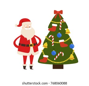 New Year tree and Santa Claus vector illustration poster with decorated spruce fir and Saint Nicholas character vector illustration isolated on white