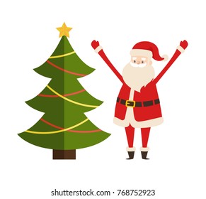 New Year tree and Santa Claus vector illustration poster with decorated spruce fir and Saint Nicholas character vector illustration isolated on white