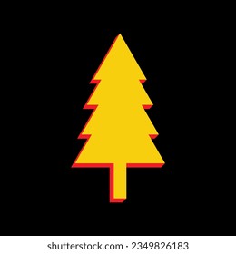 New year tree sign. 3D Extruded Yellow Icon with Red Sides a Black background. Illustration.