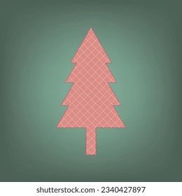 New year tree sign. Apricot Icon with Brick Red parquet floor graphic pattern on a Ebony background. Feldgrau. Green. Illustration.