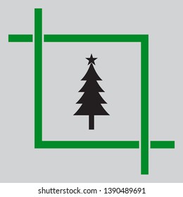 New year tree sign. Black icon inside green crop tool at light gray background