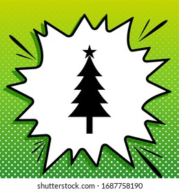New year tree sign. Black Icon on white popart Splash at green background with white spots. Illustration.