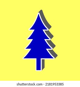 New year tree sign. Blue Icon with white stroke in 3d at yellow Background. Illustration.