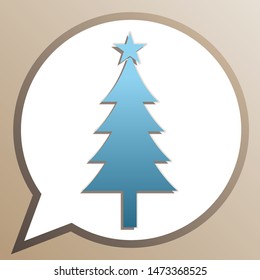 New year tree sign. Bright cerulean icon in white speech balloon at pale taupe background. Illustration.
