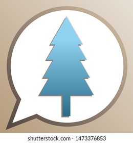 New year tree sign. Bright cerulean icon in white speech balloon at pale taupe background. Illustration.