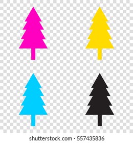 New year tree sign. CMYK icons on transparent background. Cyan, magenta, yellow, key, black.