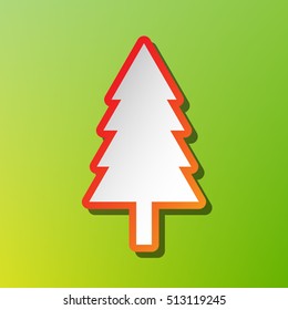 New year tree sign. Contrast icon with reddish stroke on green backgound.