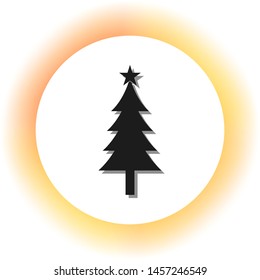 New year tree sign. Dark icon with shadow on the glowing circle button. Illustration.