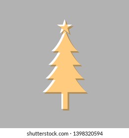 New year tree sign. Emboss effect with light orange icon on gray background.