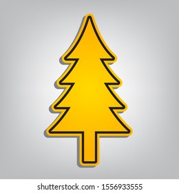 New year tree sign. Flat orange icon with overlapping linear black icon with gray shadow at whitish background. Illustration.