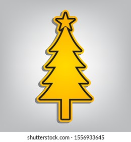 New year tree sign. Flat orange icon with overlapping linear black icon with gray shadow at whitish background. Illustration.