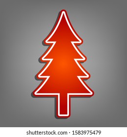 New year tree sign. Flat red icon with linear white icon with gray shadow at grayish background. Illustration.
