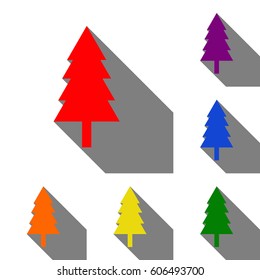 New year tree sign. Set of red, orange, yellow, green, blue and violet icons at white background with flat shadow.