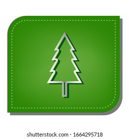 New year tree sign. Silver gradient line icon with dark green shadow at ecological patched green leaf. Illustration.