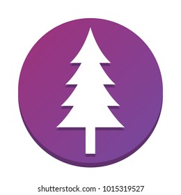 New year tree sign. Vector. White icon with flat shadow on purpureus circle at white background. Isolated.