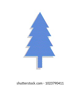 New year tree sign. Vector. Neon blue icon with cyclamen polka dots pattern with light gray shadow on white background. Isolated.