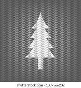New year tree sign. Vector. White knitted icon on gray knitted background. Isolated.