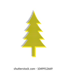 New year tree sign. Vector. Yellow icon with square pattern duplicate at white background. Isolated.