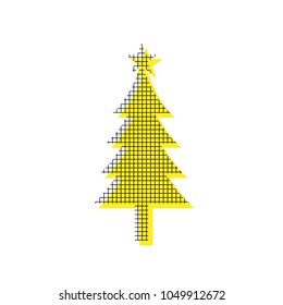 New year tree sign. Vector. Yellow icon with square pattern duplicate at white background. Isolated.