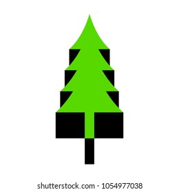 New year tree sign. Vector. Green 3d icon with black side on white background. Isolated.