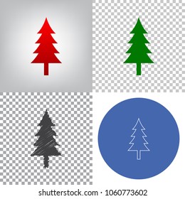 New year tree sign. Vector. 4 styles. Red gradient in radial lighted background, green flat and gray scribble icons on transparent and linear one in blue circle.