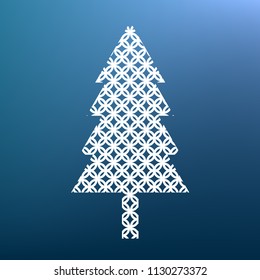 New year tree sign. Vector. White textured icon at lapis lazuli gradient background.