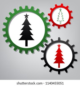 New year tree sign. Vector. Three connected gears with icons at grayish background.