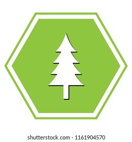 New year tree sign. Vector. White icon with black shadow at yellow green honeycomb on white background.
