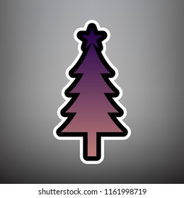 New year tree sign. Vector. Violet gradient icon with black and white linear edges at gray background.