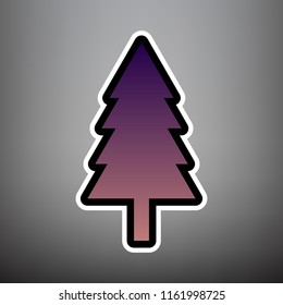 New year tree sign. Vector. Violet gradient icon with black and white linear edges at gray background.