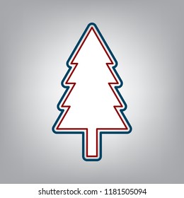 New year tree sign. Vector. Dark red, transparent and midnight green stroke of white icon at grayish background.