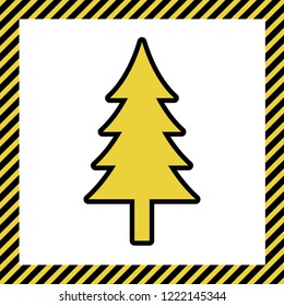 New year tree sign. Vector. Warm yellow icon with black contour in frame named as under construction at white background. Isolated.