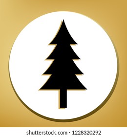 New year tree sign. Vector. Black icon with light brown shadow in white circle with shaped ring at golden background.