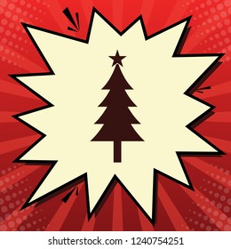 New year tree sign. Vector. Dark red icon in lemon chiffon shutter bubble at red popart background with rays.