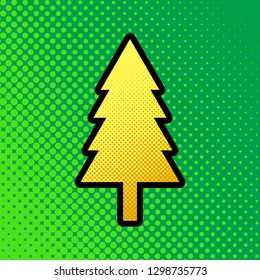 New year tree sign. Vector. Pop art orange to yellow dots-gradient icon with black contour at greenish background.