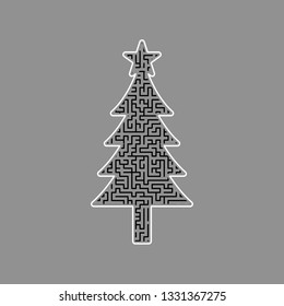 New year tree sign. Vector. Black maze filled icon with white border at gray background.